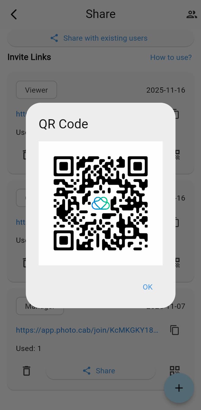 Invitation link and QR code